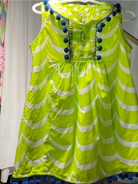 Kelly's Kids Lime Green and White Pom-Pom Trim Sleeveless Dress